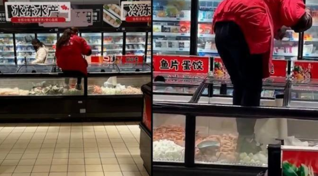 大润发店员疑脚踩冷冻食品?